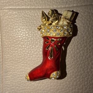Vintage Red Enameled Christmas Stocking Brooch Filled Toys Gold Tone Rhinestones